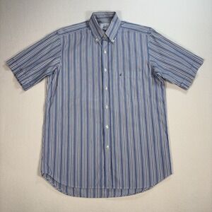 Dunhill Shirt Men's S Blue Stripe Two Fold 100% Cotton Pocket Logo Button Down